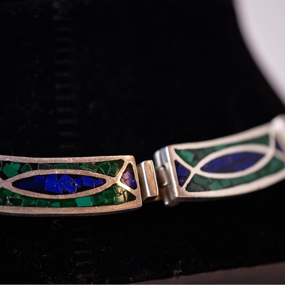 Vintage .925 Sterling Silver Choker Inlay necklace Lazuli Lapis & Malachite 90s - Picture 14 of 16